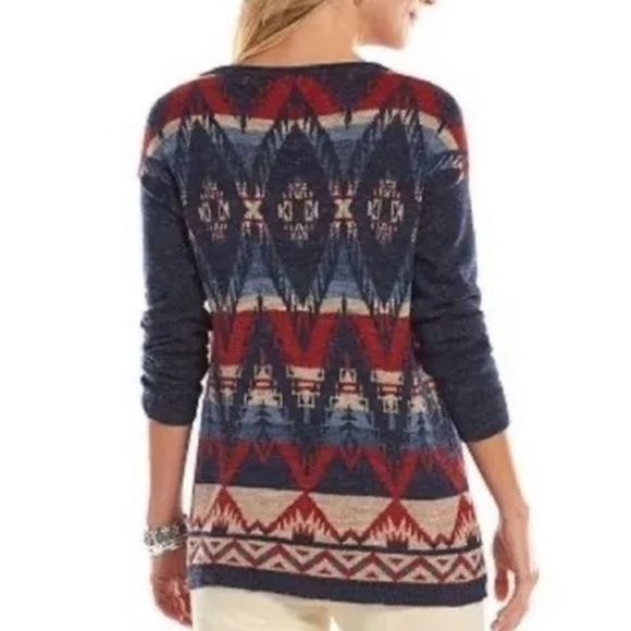 NWT Chaps Red and Blue Southwestern Tribal Long Sleeve Crew Neck Pullover Size M - Picture 7 of 11